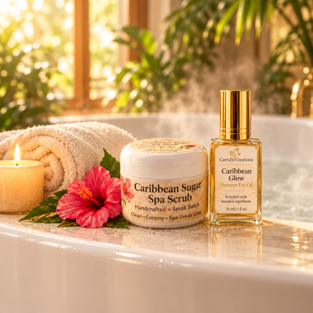 Caribbean Spa Duo actual jar and bottle on a bathtub rim